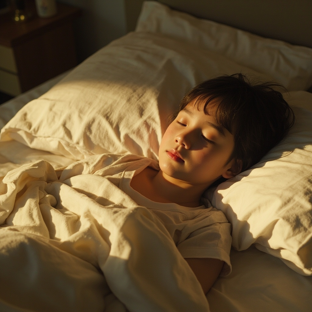 A serene, peaceful bedroom scene with soft, warm lighting, focusing on a person relaxing comfortably in bed with a sense of calm and ease, high quality, realistic.