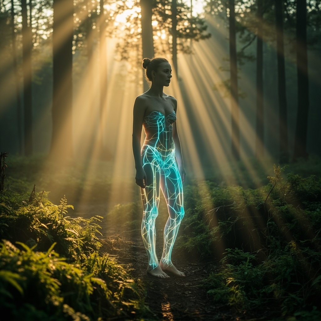 A high-quality, calming image of a person standing in a peaceful nature setting, with subtle, glowing blue and gold light lines tracing the nerves in the legs to represent bio-electrical harmony.