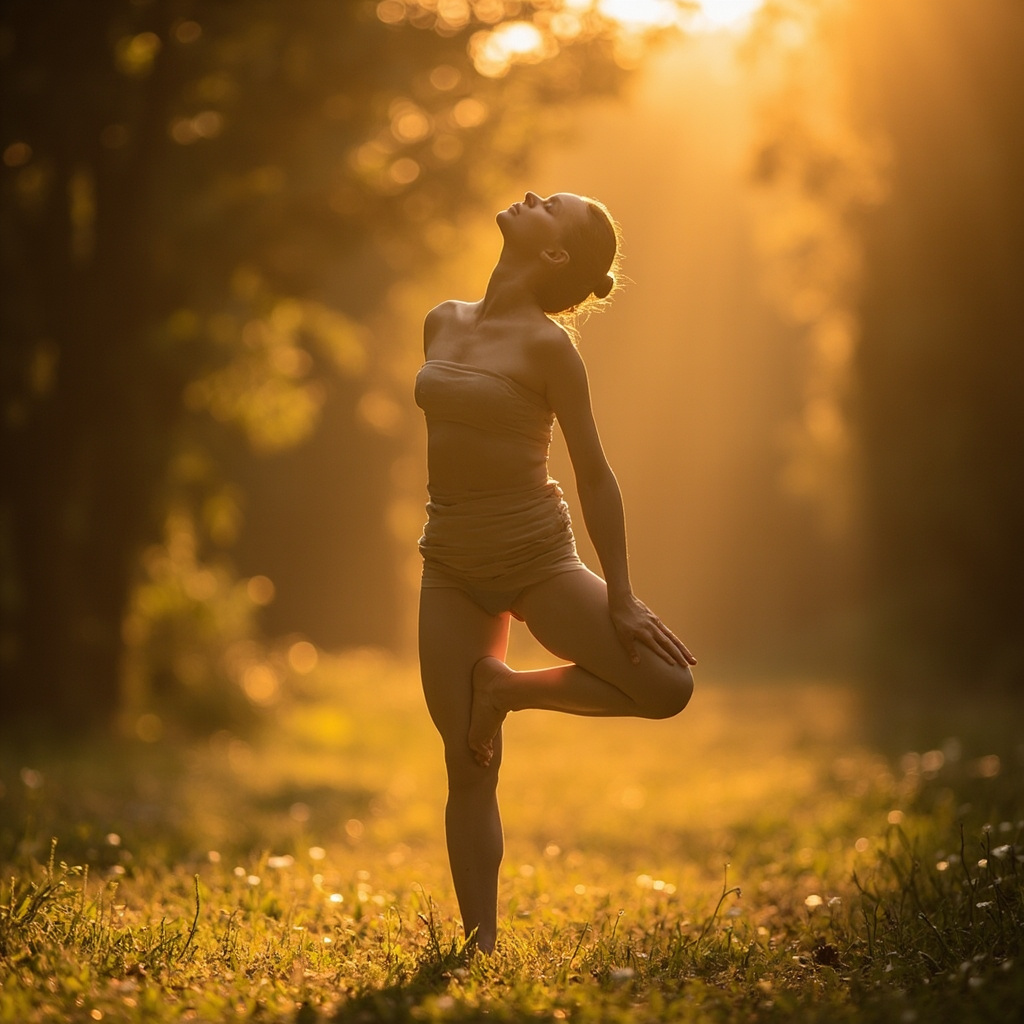 A high-quality, serene photograph of a person in a yoga pose or a dynamic movement stance, emphasizing the flow and fluidity of the arms and legs in a natural, sunlit environment.