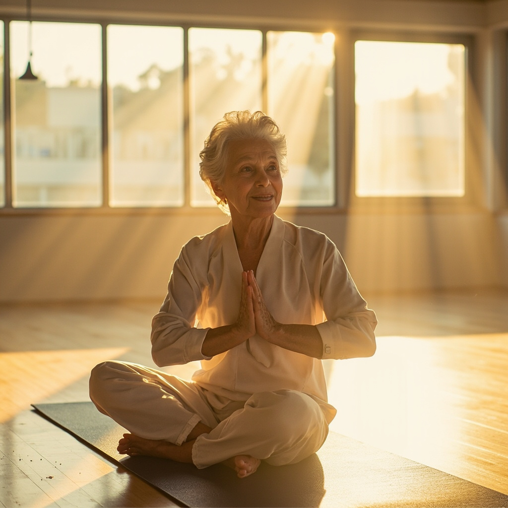 A high-quality, serene photograph of an older adult gracefully practicing yoga in a sunlit, modern studio, emphasizing fluid movement and mobility.