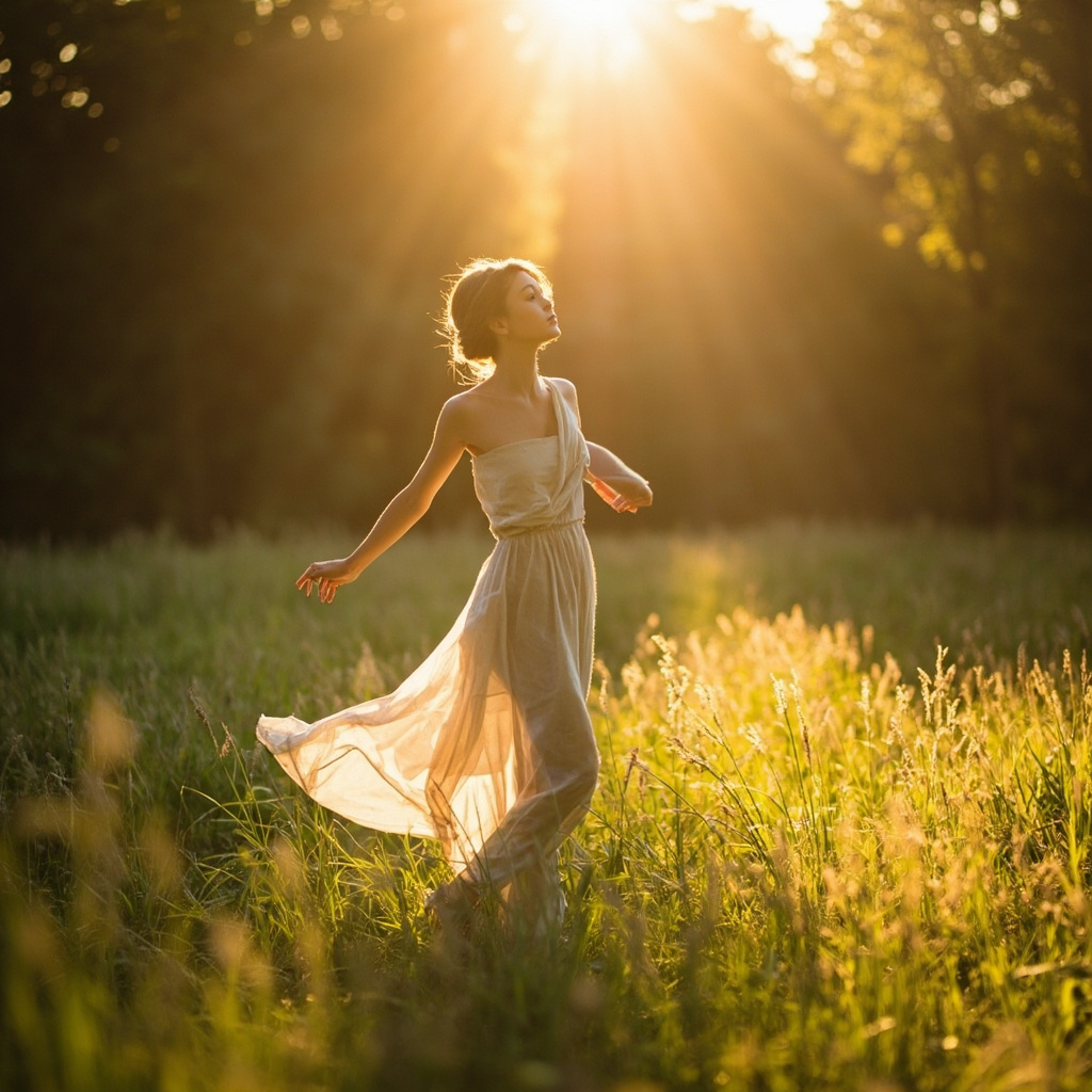A high-quality, serene image of a person moving gracefully in a sunlit, natural environment, emphasizing fluidity, light, and balance.