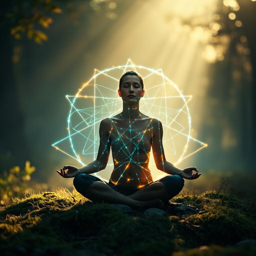 A high-quality, calming image of a person sitting in a serene, natural environment, with soft, glowing geometric light patterns subtly integrated around their body to represent internal energy flow and balance.