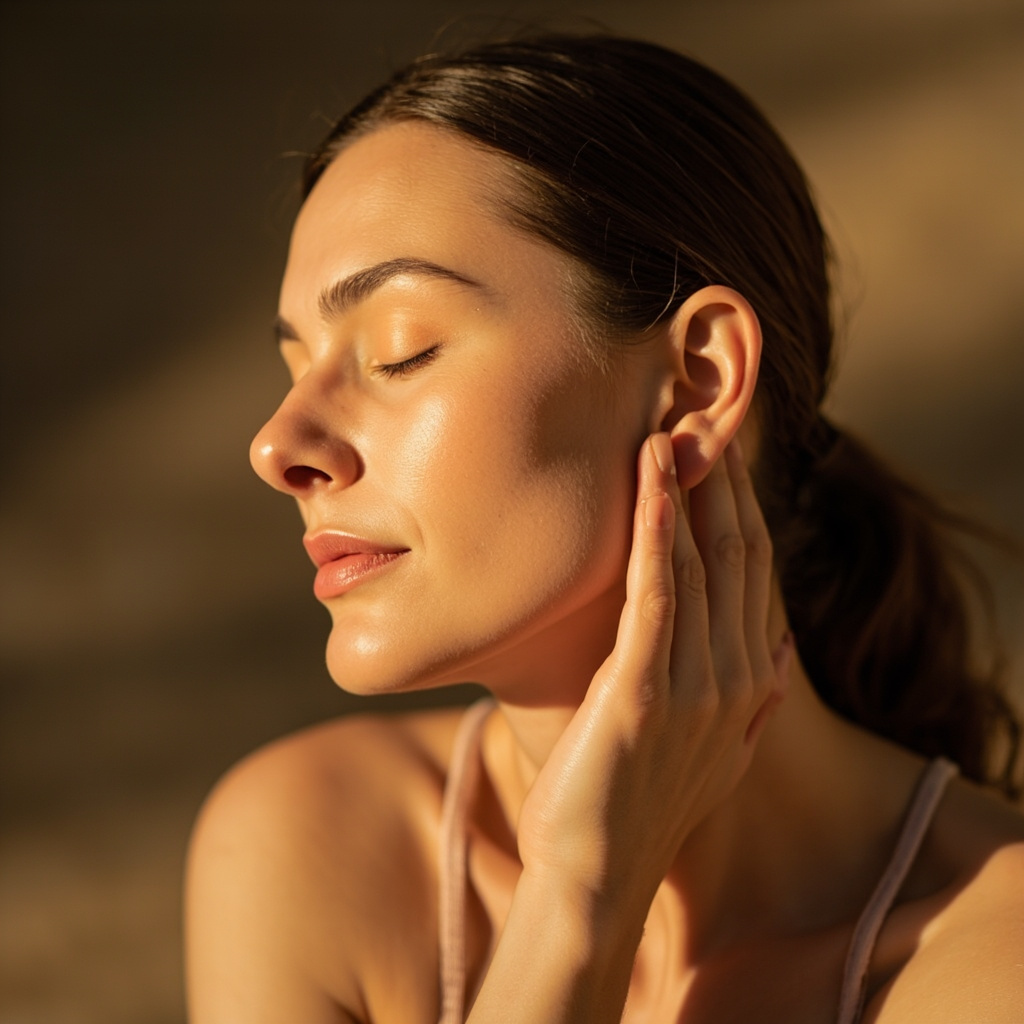 A high-quality, calming image of a person gently touching their jawline, with soft, ambient lighting suggesting a meditative and serene environment.