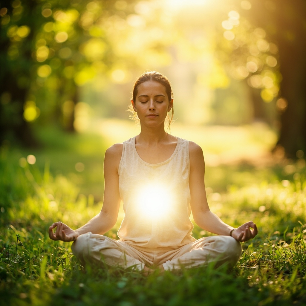 A high-quality, serene photograph of a person practicing mindful meditation in a bright, natural environment, symbolizing internal balance and digestive peace.