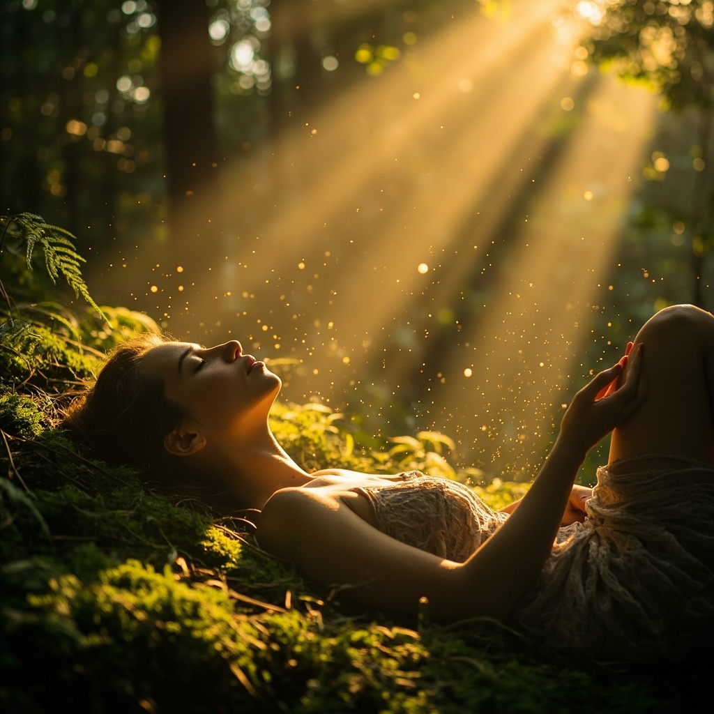 A high-quality, serene image of a person relaxing in a natural, sunlit environment, symbolizing cellular balance and recovery.