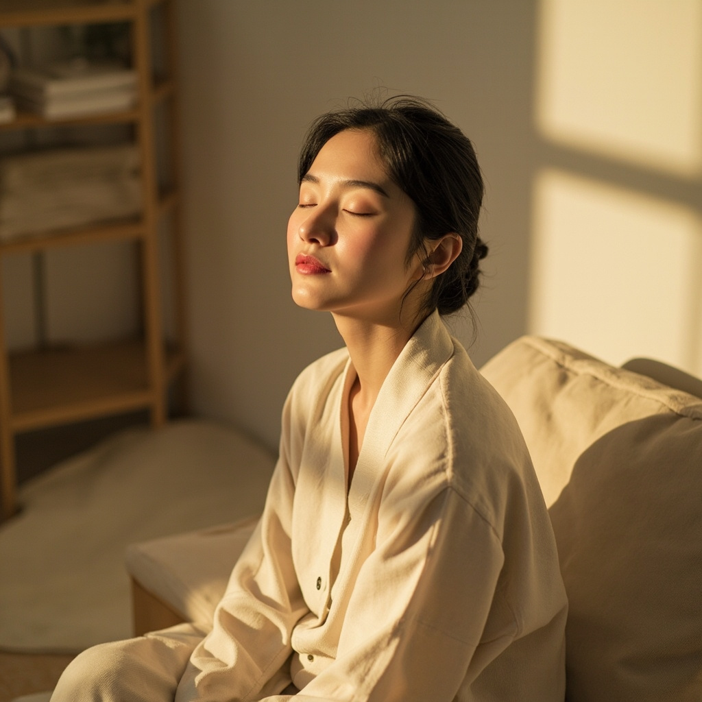A high-quality, calm image of a person sitting in a serene, softly lit room, closing their eyes with a gentle, peaceful expression, suggesting relaxation and clarity.