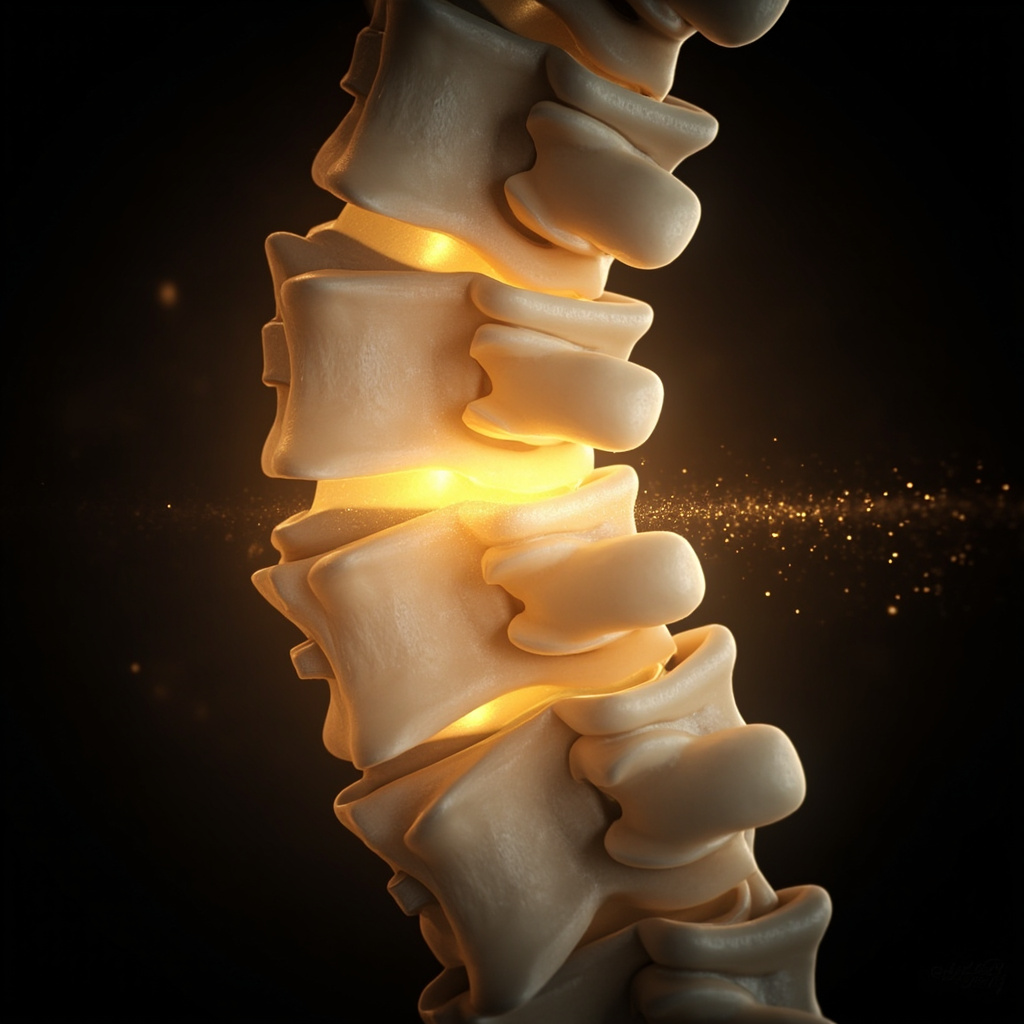 A high-quality 3D medical illustration showing the T11 vertebra in the human spine, with soft, glowing golden light frequencies radiating from the center to represent balance and energy flow.