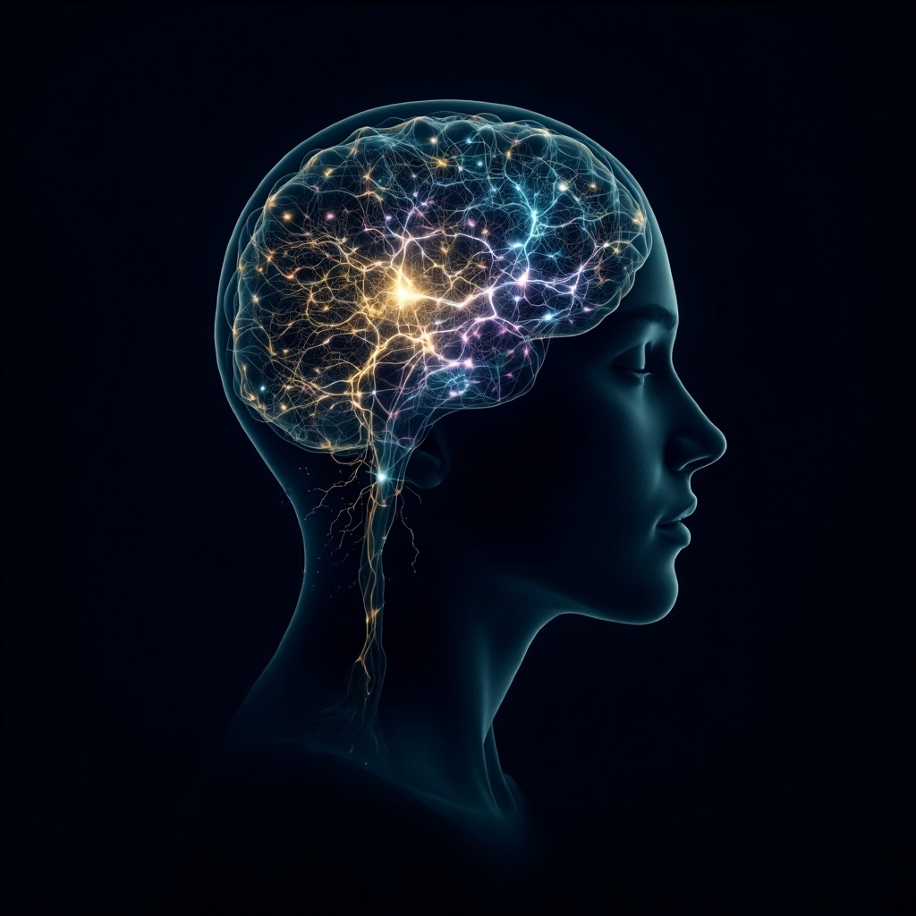A high-quality, serene illustration of a human silhouette with a glowing, vibrant neural network highlighted in the back of the brain, symbolizing balance and harmony.