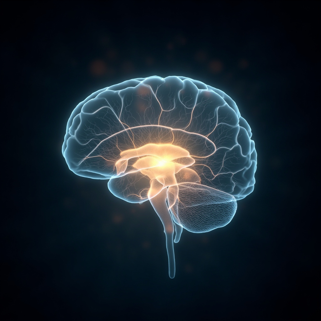 A high-quality, serene illustration of the human brainstem, highlighting the pons with a soft, glowing light to represent electrical connectivity and balance.