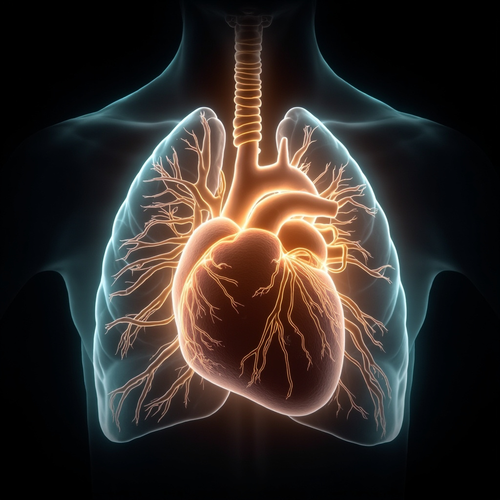 A high-quality, artistic medical illustration showing the heart and lungs with a soft, glowing light highlighting the pulmonary valve, surrounded by ethereal, flowing energy patterns to represent resonance and coherence.