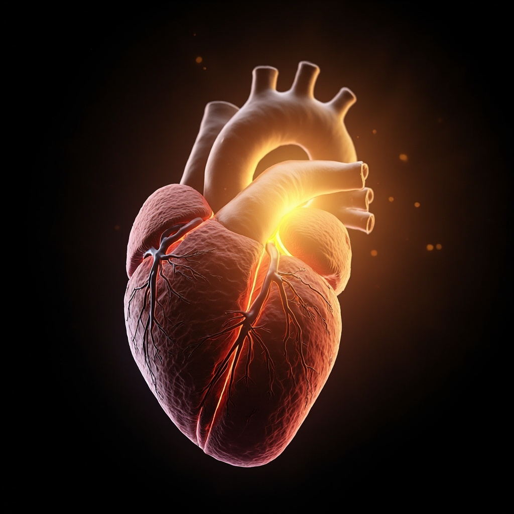 A high-quality, artistic medical illustration of the human heart, focusing on the posterior view where the coronary sinus is visible, with a soft, glowing light emanating from the center to represent vitality and emotional flow.