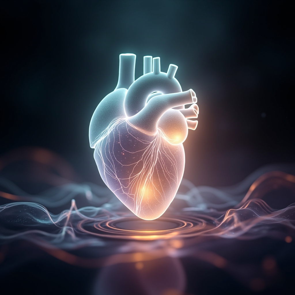 A high-quality digital illustration of a glowing, energetic human heart silhouette, surrounded by soft, flowing light waves that represent frequency and balance, professional and serene aesthetic.
