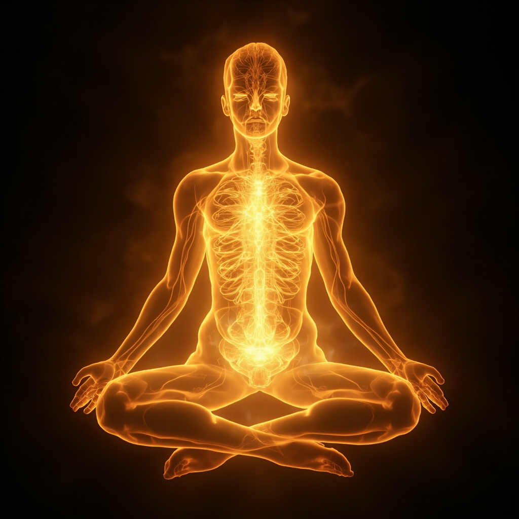 A conceptual illustration showing a glowing, balanced human silhouette with a focus on the abdominal area, featuring soft, harmonious wave patterns and golden light structures representing energy flow.