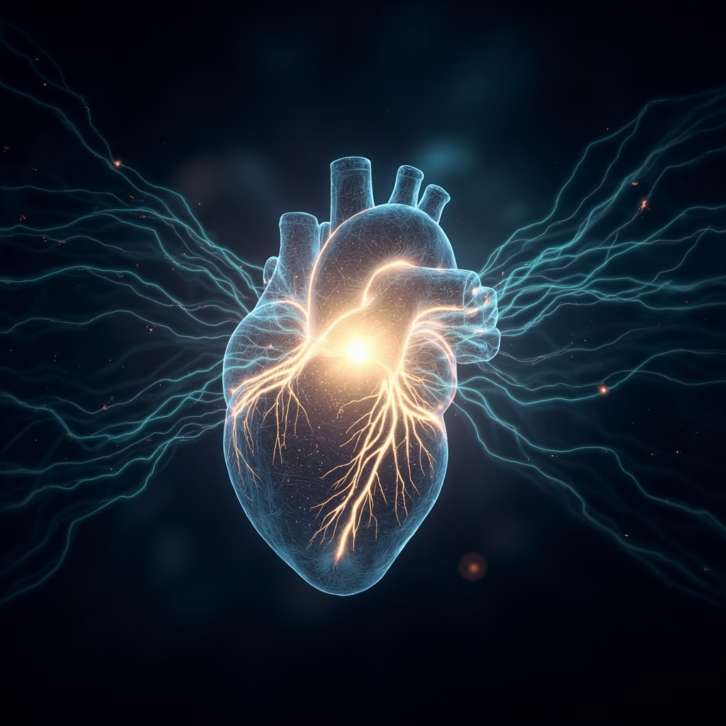 A high-quality, abstract digital illustration of a glowing, rhythmic energy center located in the center of a stylized human heart, representing electrical signals and harmony.