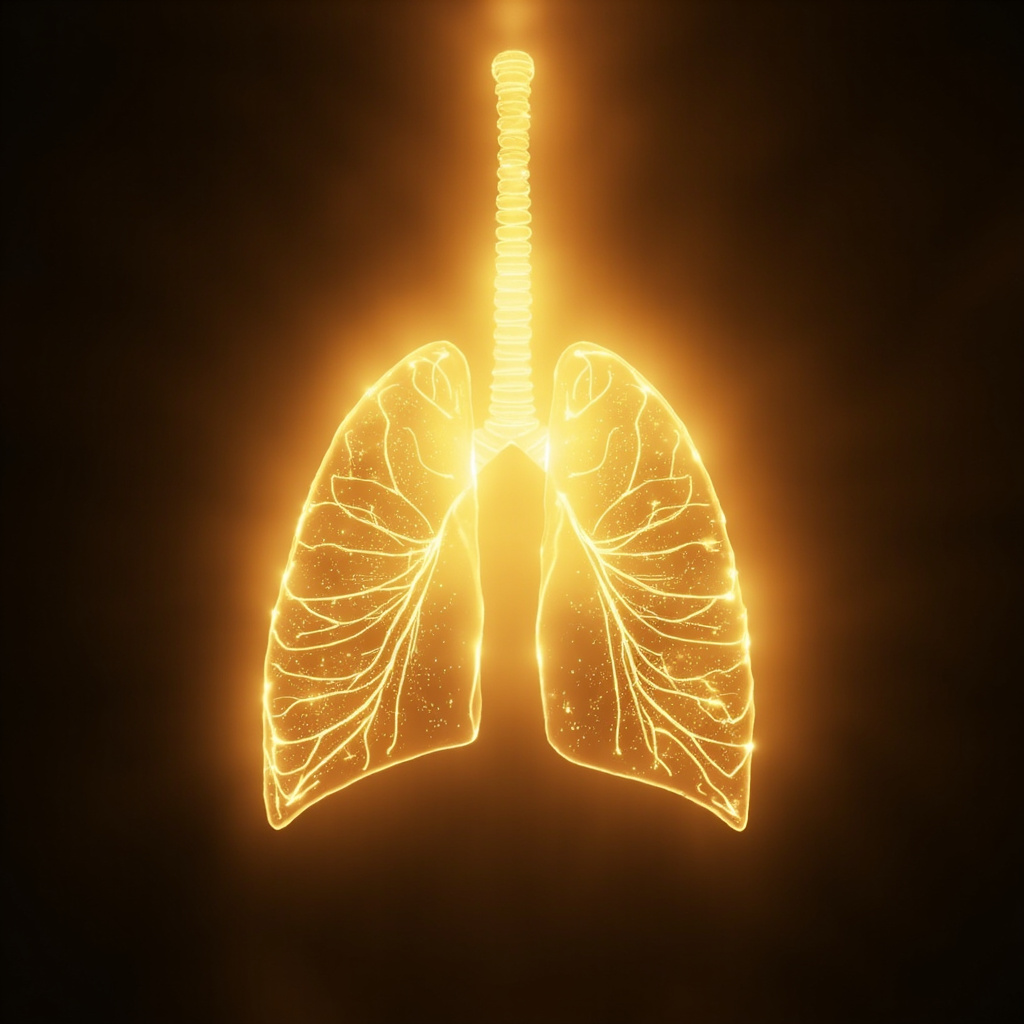A serene, abstract digital illustration showing the silhouette of human lungs with glowing, harmonious golden light emanating from the lobes, representing energy, oxygenation, and inner clarity.