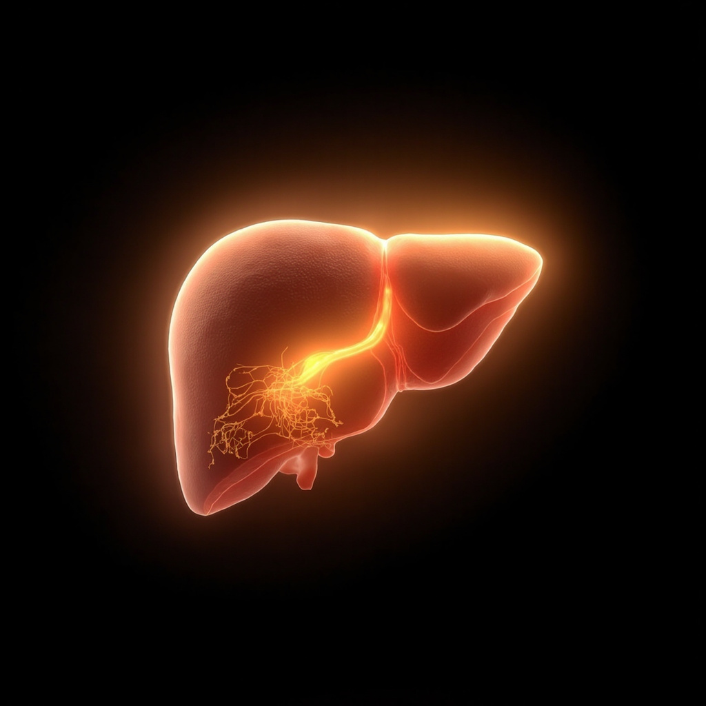 A high-quality, calm, and scientific illustration of the human liver glowing with soft, rhythmic light pulses, representing energy and harmony.