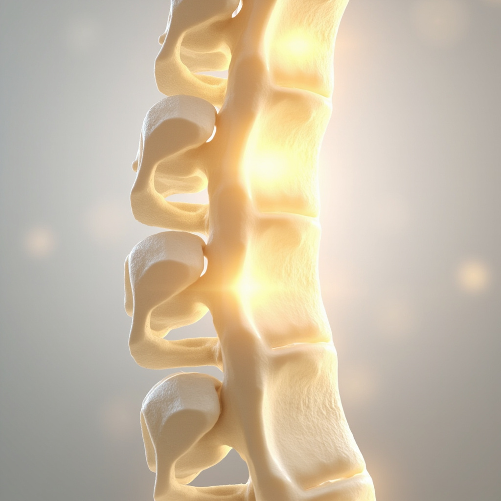 A high-quality, serene anatomical illustration of the human thoracic spine, specifically highlighting the T4 vertebra with a soft, glowing light to represent energy and stability, set against a clean, modern background.