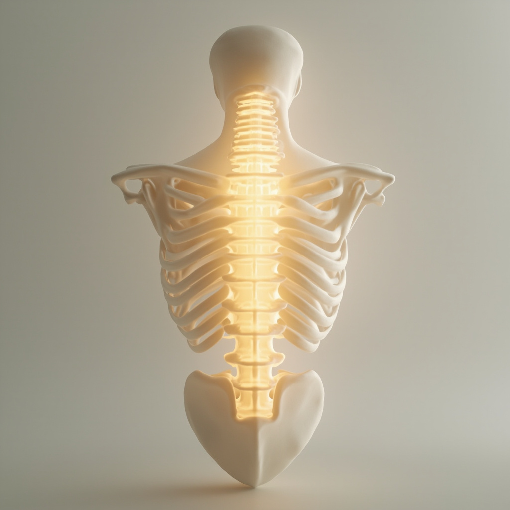 A high-quality, serene illustration of a human spine with a glowing, soft light centered on the upper back (thoracic region), symbolizing energy flow and emotional balance in a calming, clinical environment.