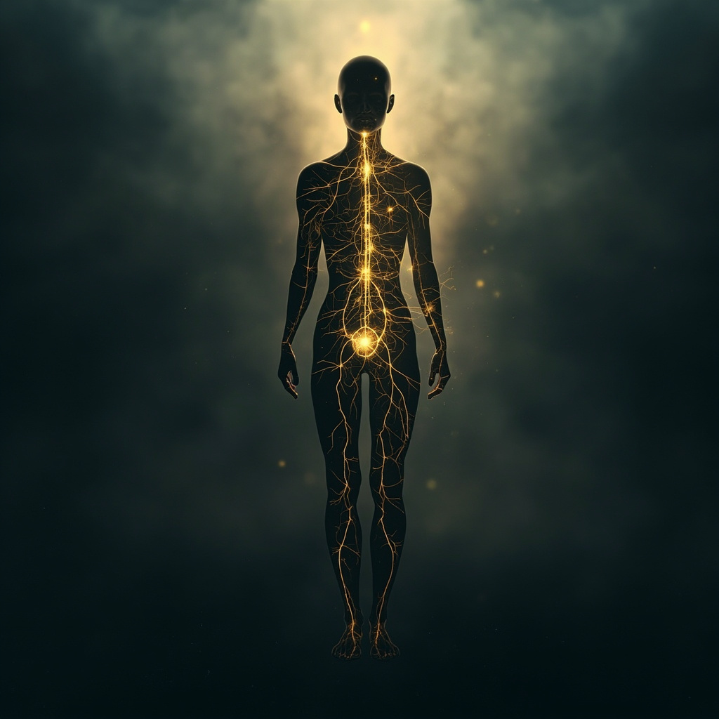 A high-quality, serene image of a human silhouette with glowing, interconnected golden threads of light representing the nervous system and internal energy flow, set against a soft, calming background.