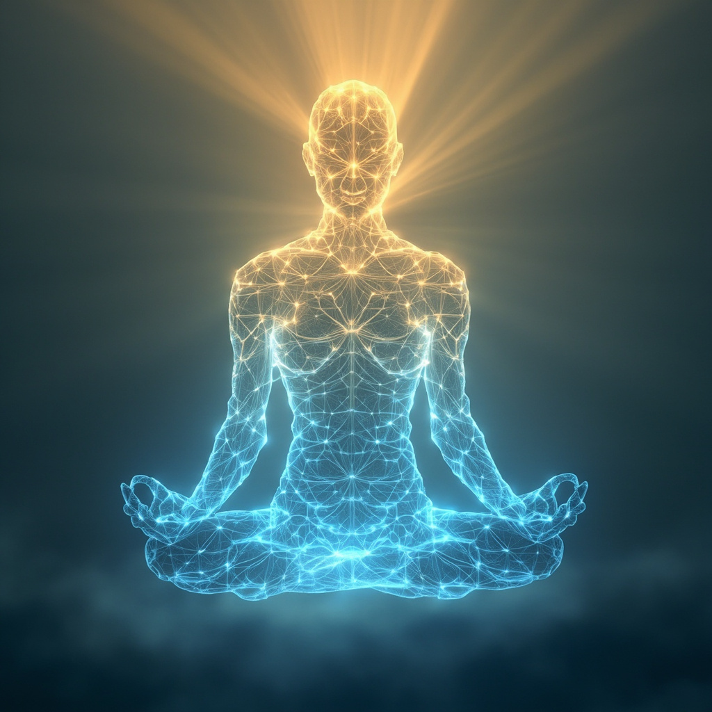 A serene, abstract visualization of glowing, interconnected golden and blue light waves forming a harmonious, balanced human silhouette against a soft, calming background.