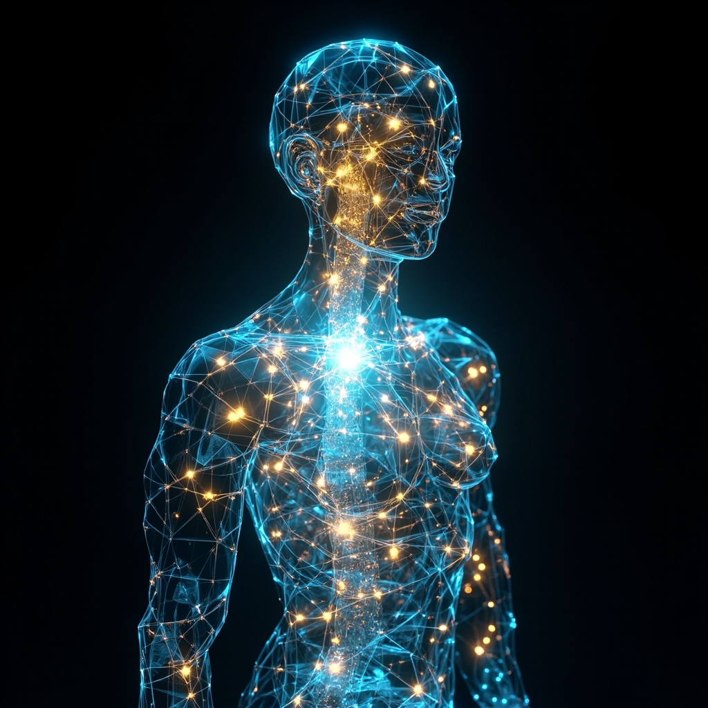 A high-quality, abstract visualization of a glowing, interconnected crystalline carbon structure inside a human silhouette, soft blue and golden light radiating from the center, cinematic lighting, professional health imagery.