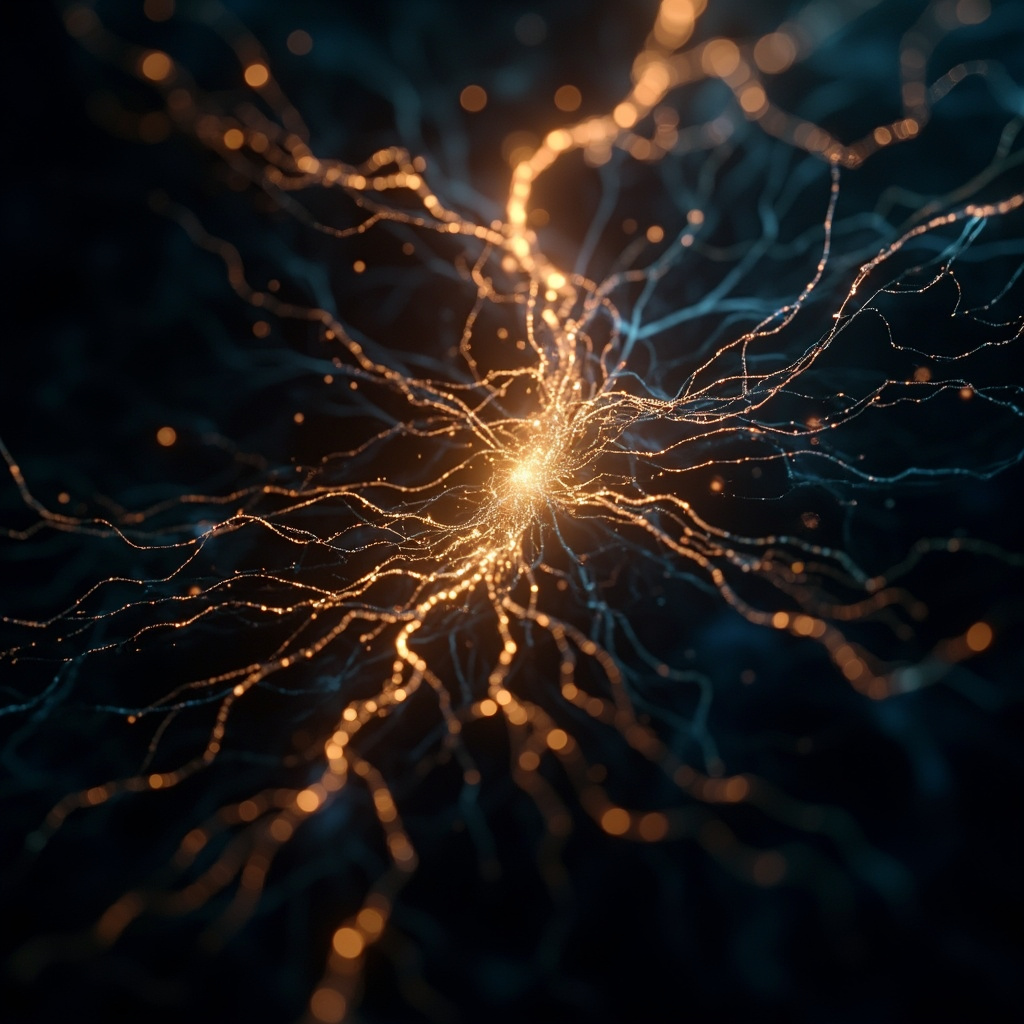 A serene, abstract visualization of glowing, interconnected neural pathways resembling a network of light, centered around a spinal column, symbolizing the regulation of blood flow and inner peace.
