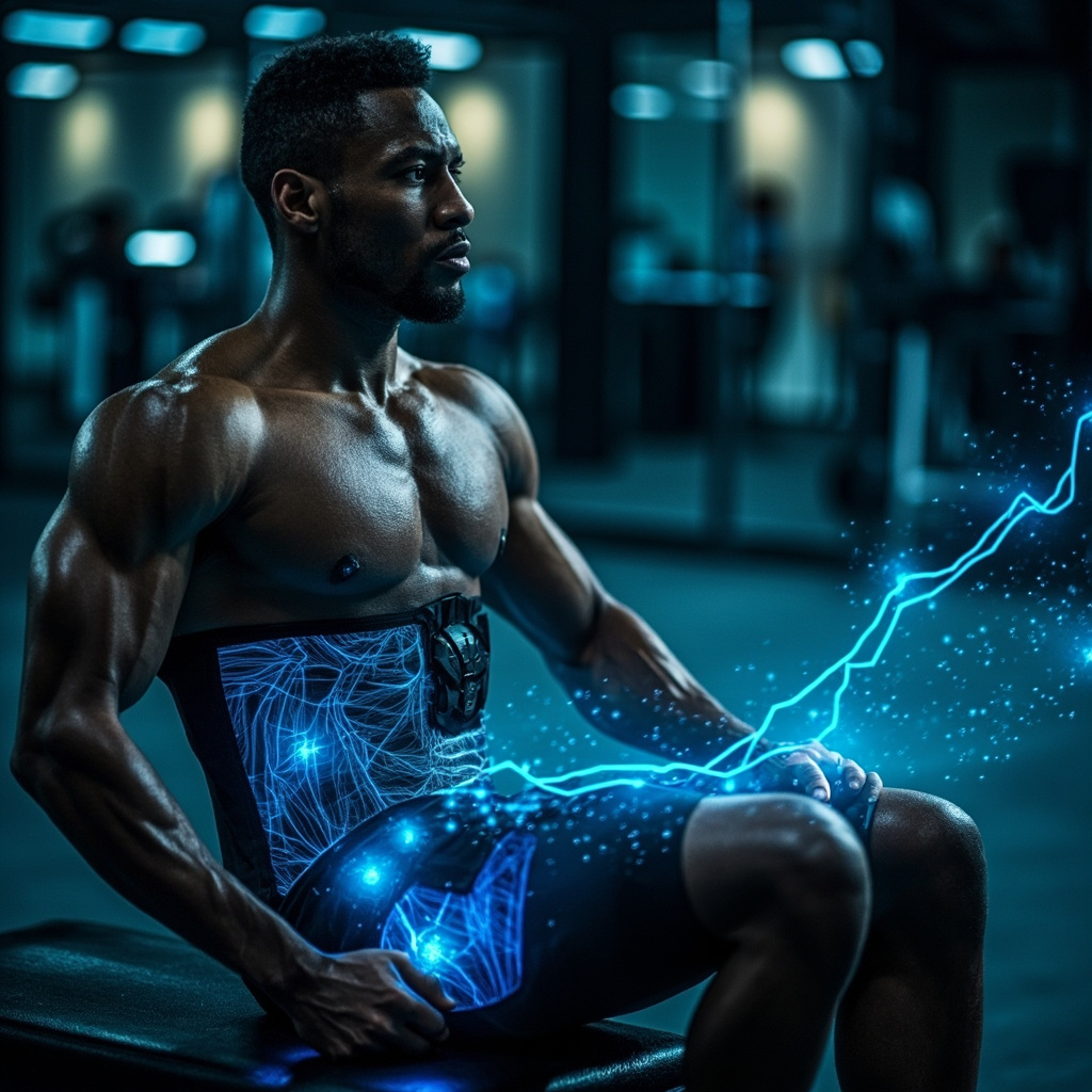 Sprinter athlete with microcurrent pads on hamstrings after workout, overlay graphs of faster strength recovery (MVC force higher with MENS vs placebo at 1-2 days), energetic muscle fibers glowing blue, motivational fitness recovery scene