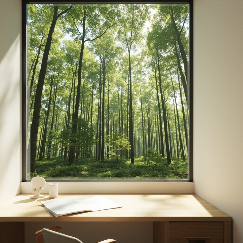 A high-quality, serene image of a minimalist, balanced workspace or a calm, organized forest canopy reflecting order and clarity.