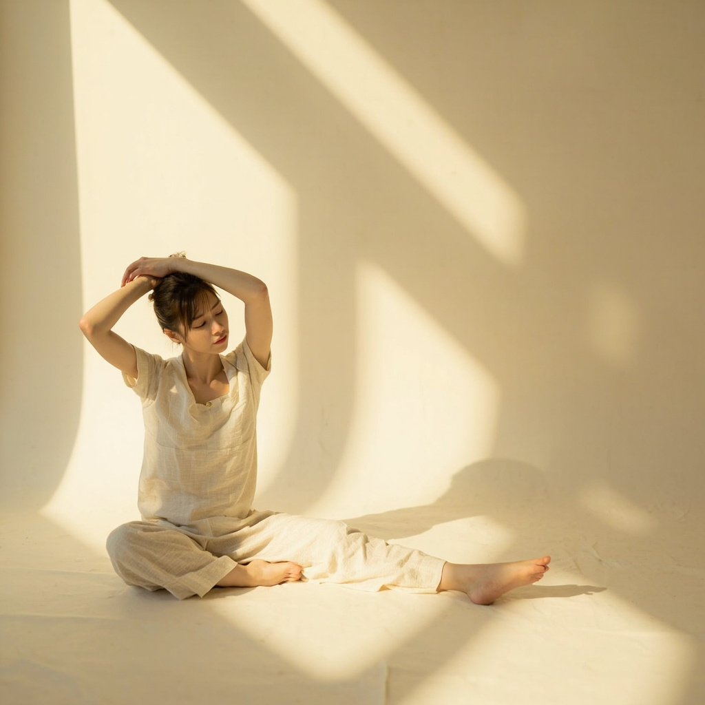 A serene, minimalist image of a person gently stretching their neck in a sunlit, peaceful room, focusing on themes of fluidity and relaxation.