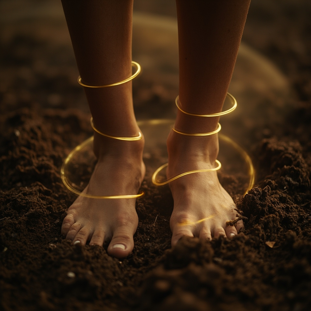 A serene, minimalist image of a person standing barefoot on soft, natural earth, with subtle light golden waves of energy flowing from the ground up through their legs to symbolize grounding and vitality.