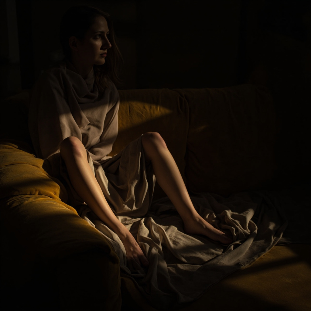 A calming, high-quality photograph of a person relaxing on a soft couch in a dimly lit room, focusing on the ease and comfort of their legs during a meditation session.