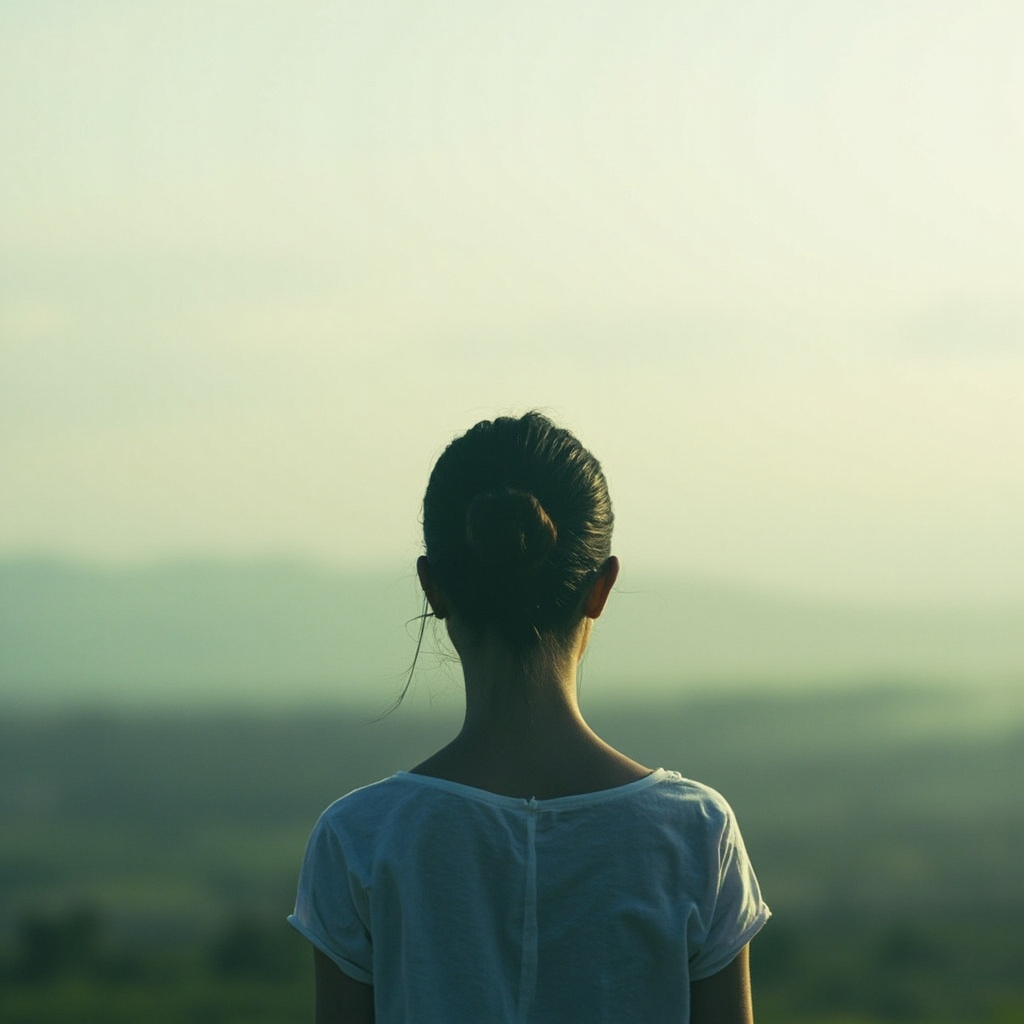 A serene, high-quality photograph of a person looking out at a calm landscape, neck relaxed and shoulders dropped, soft morning light, minimalist style.
