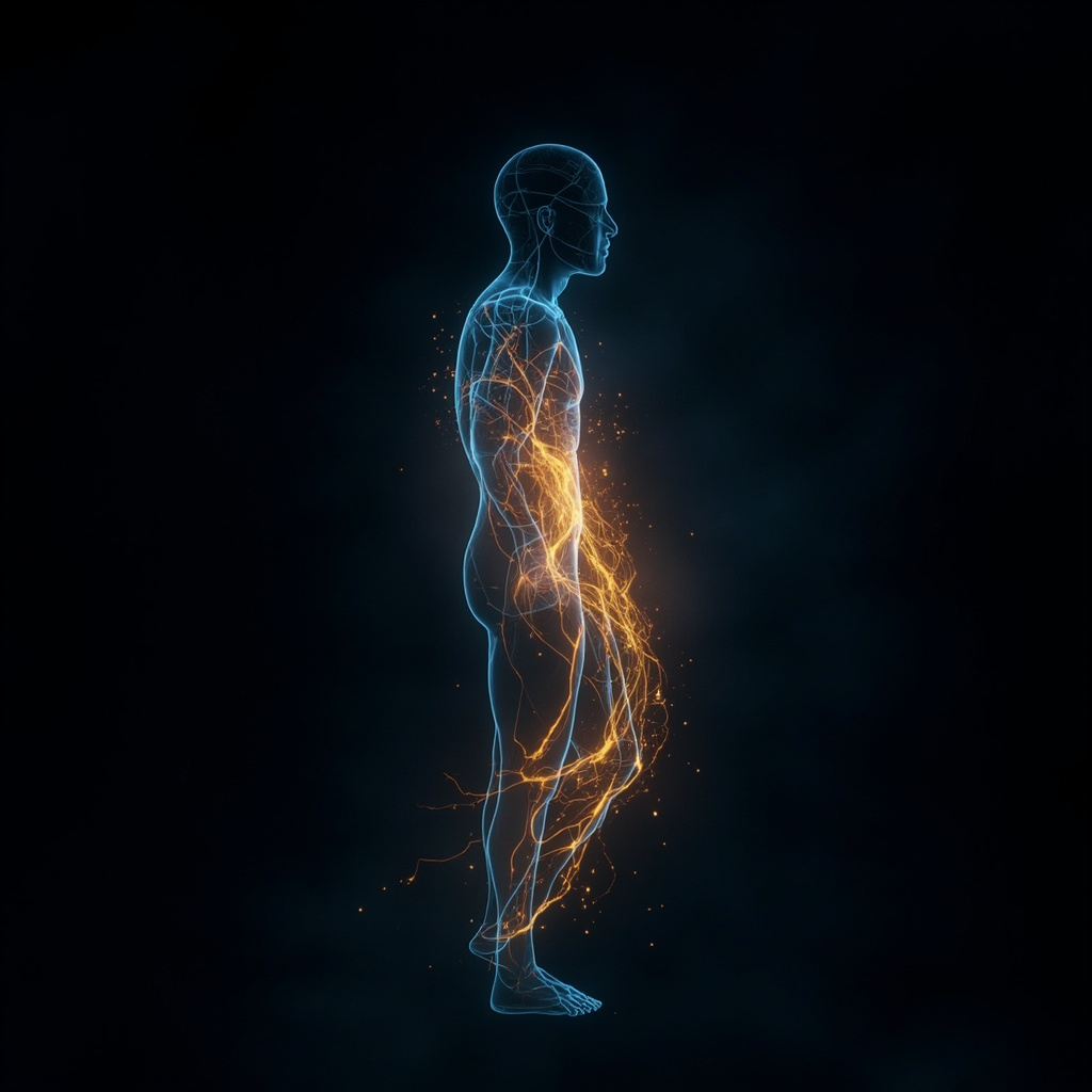 A calm, professional image of a human silhouette with soft, glowing blue and gold light patterns circulating through the body to represent electrical harmony and mineral balance.