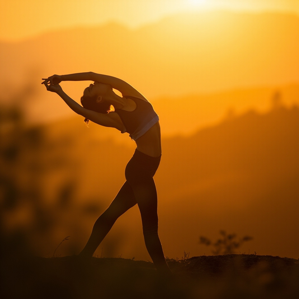 A high-quality, professional image showing a person doing a gentle, fluid yoga stretch at sunrise, emphasizing flexibility, light, and structural grace, soft focus background.