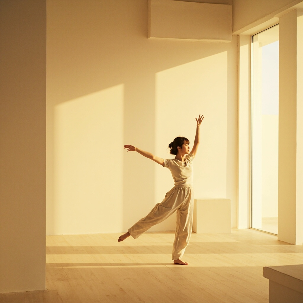 A high-quality, professional image showing a person in a serene, modern space, performing gentle, mindful movement with a soft, warm light emphasizing a sense of flow and internal balance.