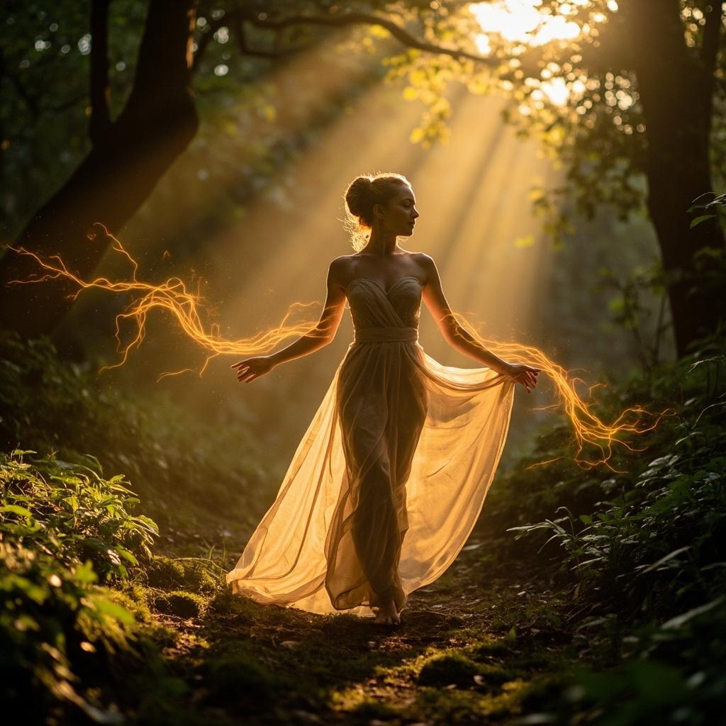 A high-quality, professional image of a person moving gracefully in a serene, nature-filled environment, with subtle, glowing golden light lines tracing the body to represent electrical flow and harmony.