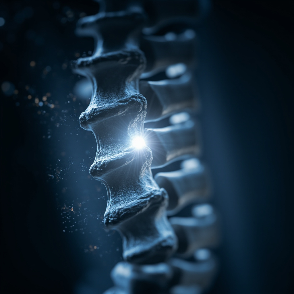 A professional, calming image of the human spine highlighted at the T3 vertebra, with subtle glowing energy lines radiating outward, clinical yet modern aesthetic.