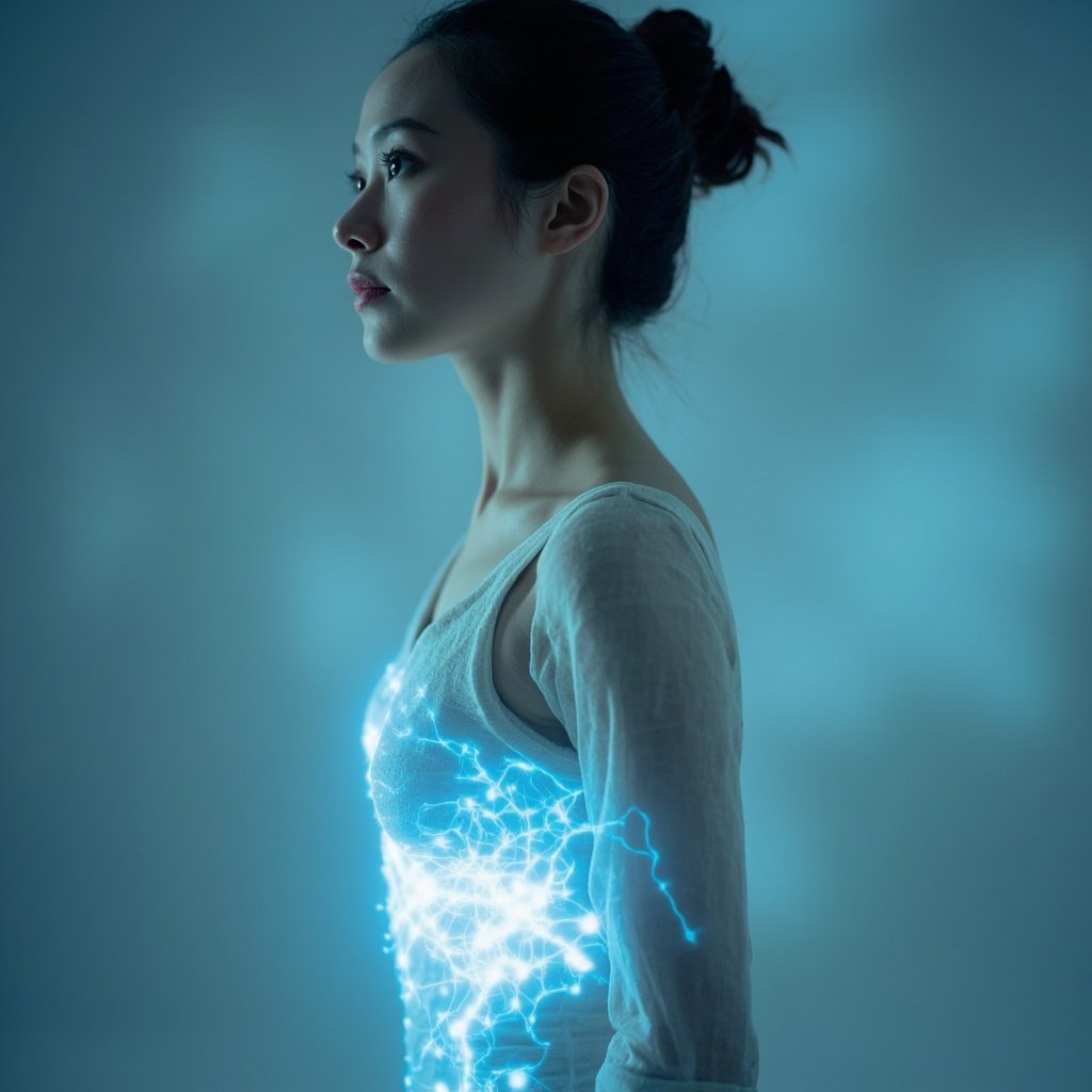 A high-quality, professional image showing a person practicing mindful movement with a soft, glowing light highlighting the left side of the torso, representing internal balance and electrical harmony.