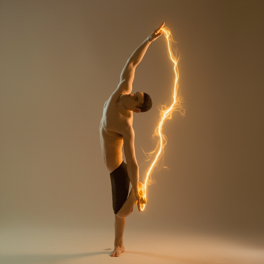 A professional, minimalist photograph of a person in a calm, focused yoga pose, with a subtle, glowing light overlay highlighting the right side of the body, symbolizing structural alignment and energy flow.