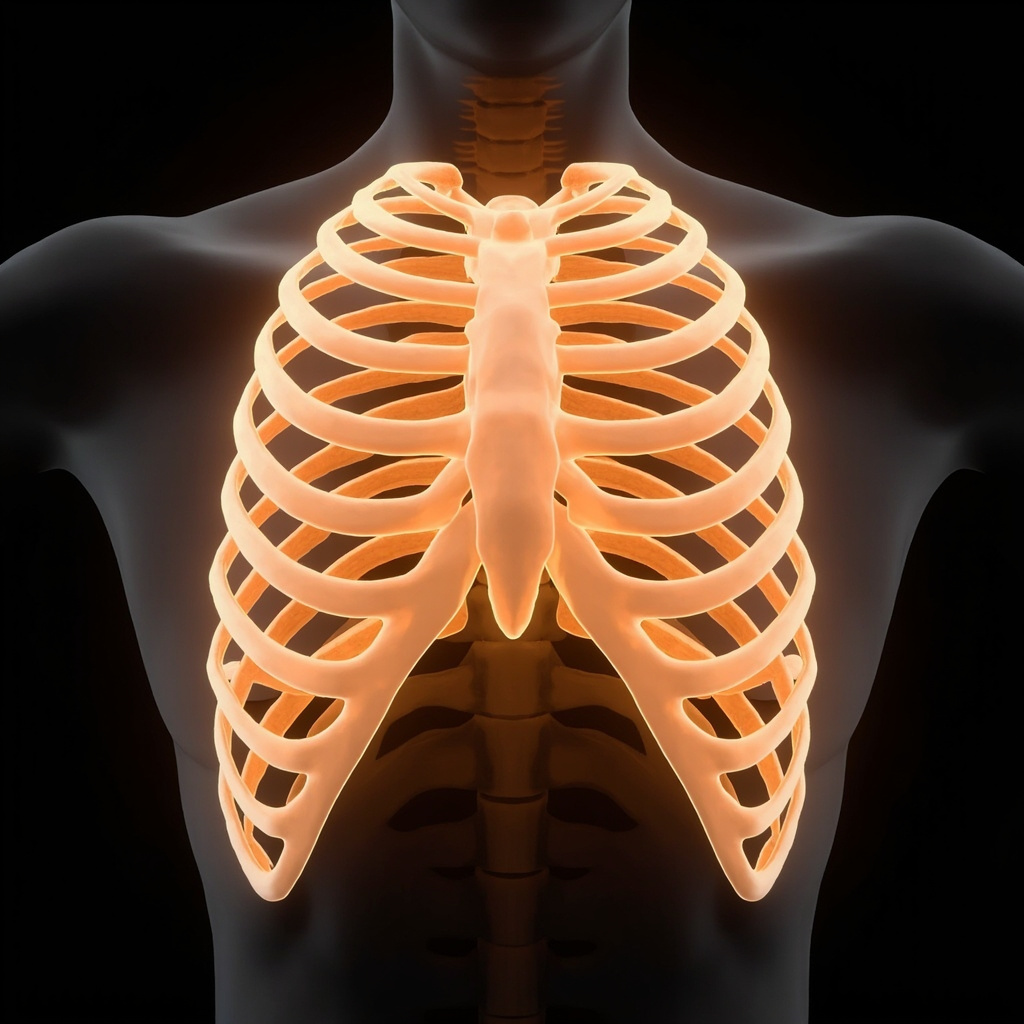 A high-quality, professional medical illustration showing the human rib cage with the intercostal muscles highlighted in a soft, glowing light, symbolizing energy and breath.