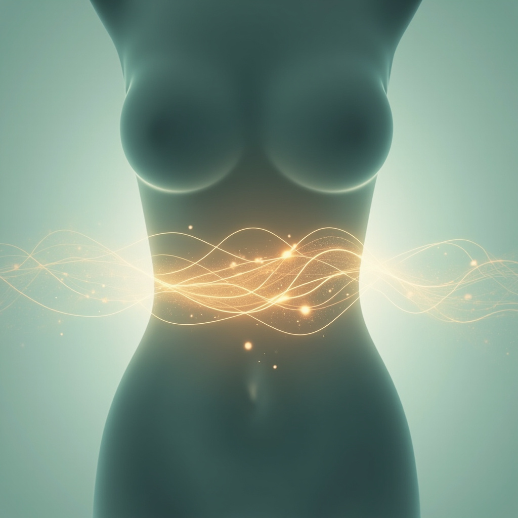 A calm, professional illustration of a human silhouette with soft glowing light focused on the pelvic area and lower back, representing energetic flow and balance.