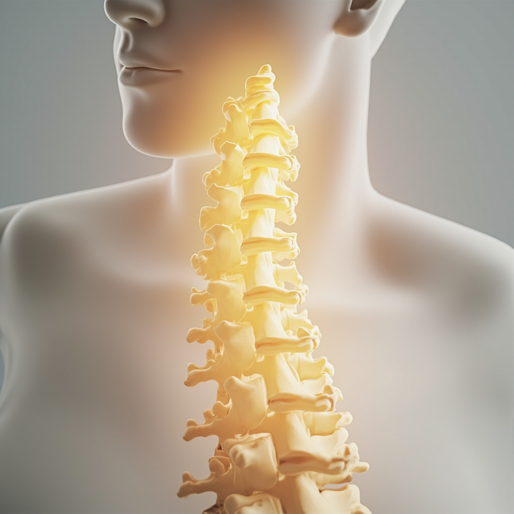 A high-quality, professional 3D medical illustration of the human thoracic spine, specifically highlighting the third thoracic vertebra (T3) with a soft, glowing light to represent energy and balance, set against a clean, neutral, and calming background.