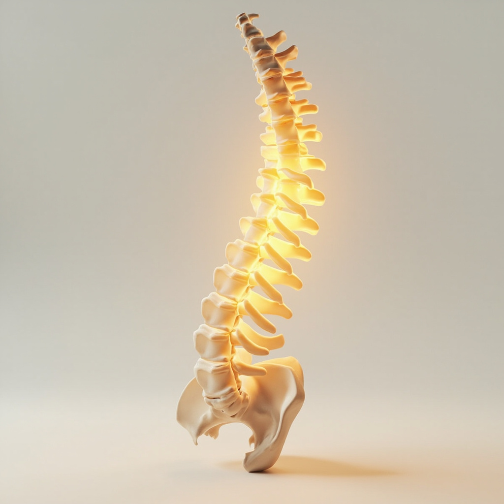 A professional, clean 3D illustration of the human lumbar spine, focusing on the L2 vertebra with a soft, glowing light emanating from the center, symbolizing energy and structural alignment.