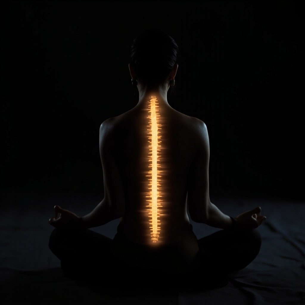 A professional, calming photograph of a person sitting in a relaxed, upright posture, with a subtle, soft light glowing around the lower thoracic region of their spine, conveying stability and energy flow.