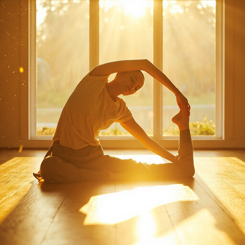 A high-quality, calm image of a person stretching gently in a sunlit, peaceful room, focusing on physical ease and relaxation, professional photography style.