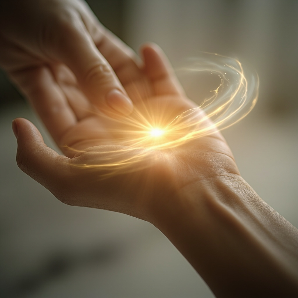 A high-quality, professional image showing a person gently holding their wrist with a soft, glowing light representing energy flow around the joint, clean and calming aesthetic.