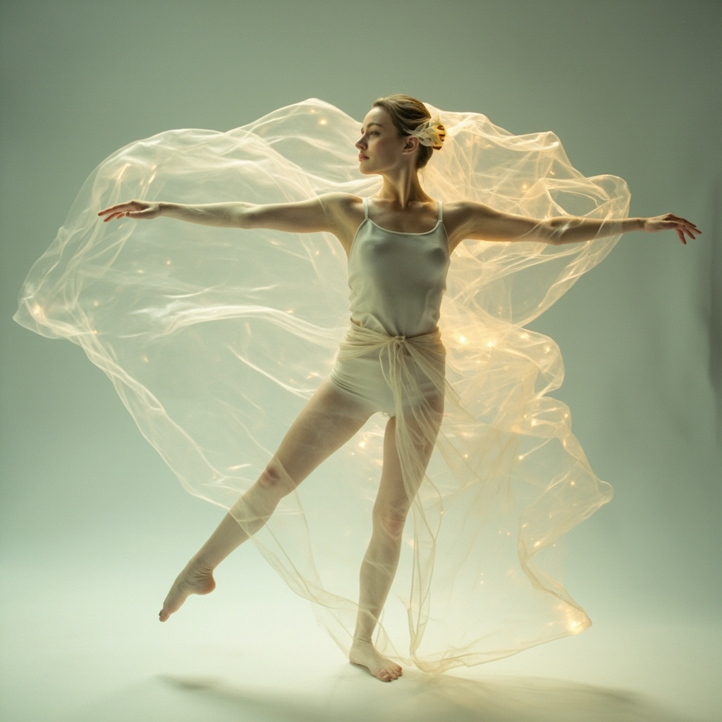 A high-quality, professional image showing a person in a calm, balanced movement pose, with a subtle, glowing energy field around their left side, representing harmony and flow.