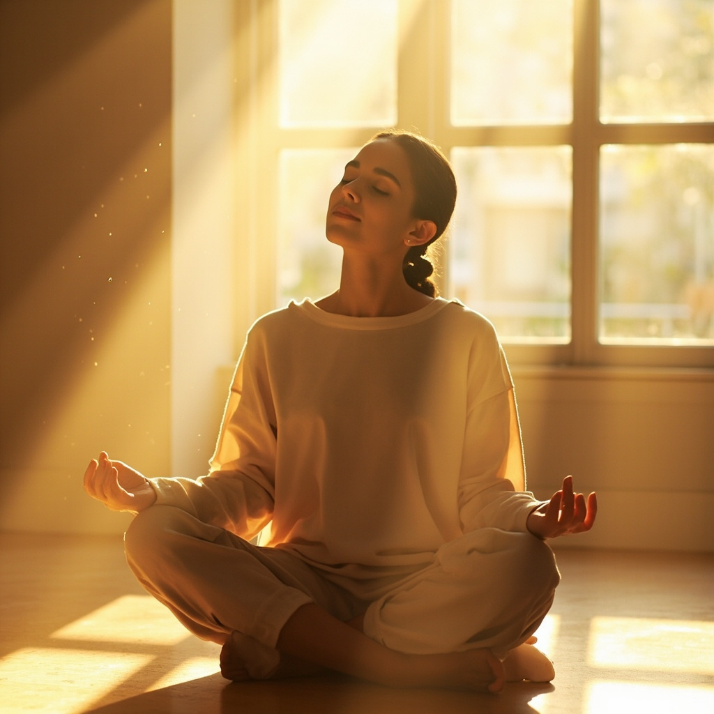 A professional, calming image of a person sitting in a quiet, sunlit room, focusing on their breathing, representing internal balance and energy recovery.