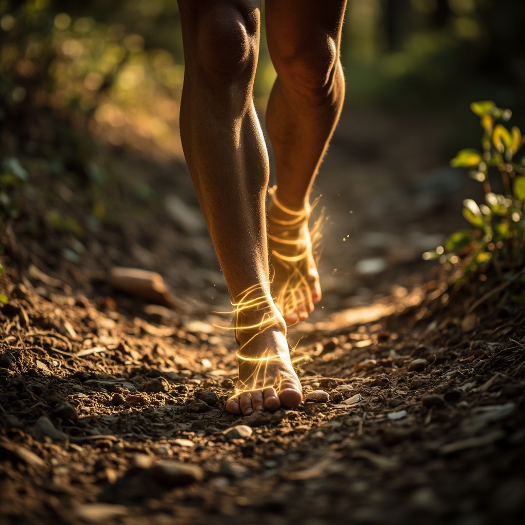 A high-quality, professional image showing a person walking confidently on a natural path, with subtle, glowing lines of light representing energy flow around the foot and ankle, emphasizing balance and stability.