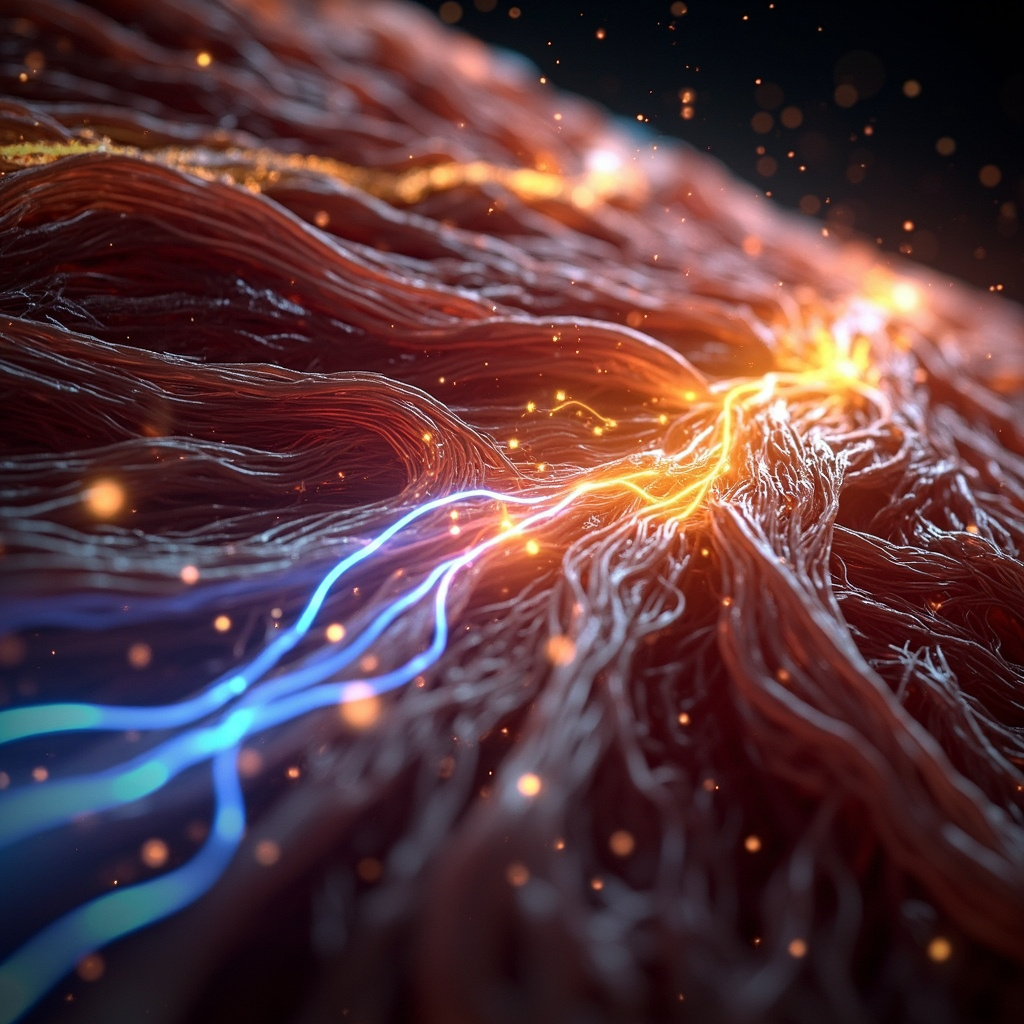 A high-quality, professional image showing a cross-section of muscle fibers with glowing, energetic pathways representing metabolic flow and cellular repair, modern and clean style.